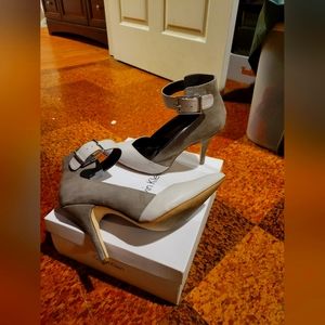 Ivory leather,  grey seude heels with ankle straps